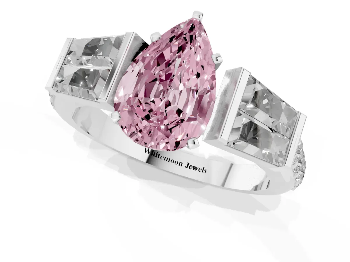 Fancy Pink Pear Cut Diamond Engagement Ring with Baguette Side Stones and Channel Set Band Platinum