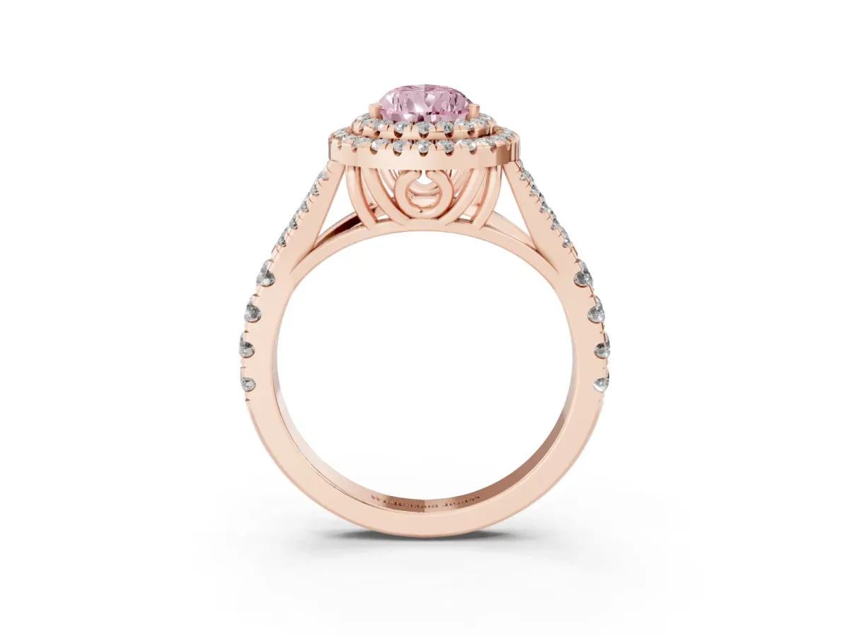 Fancy Pink Pear Cut Cut Double Halo Split Shank Diamond Ring with Prong Setting Rose gold