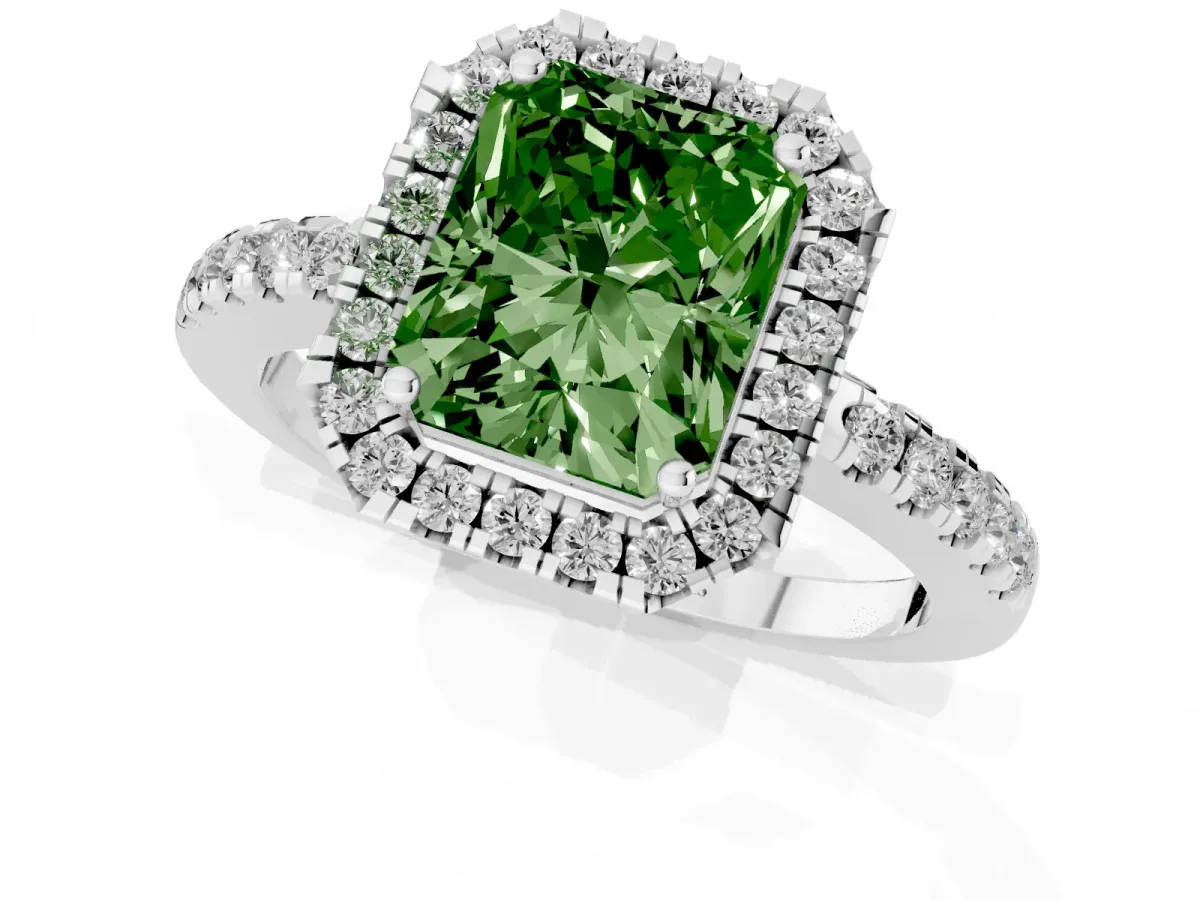 Fancy Green Radiant Cut Halo Diamond Engagement Ring with Pavé Band and Four-Prong Setting Silver