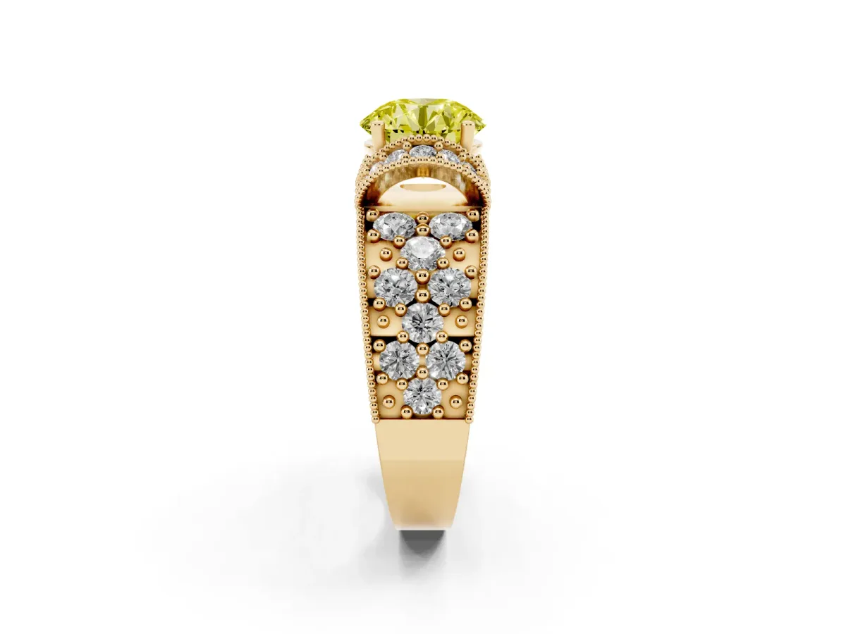 Fancy Yellow Round Cut Halo Pave Diamond Engagement Ring with Milgrain Detailing Yellow gold