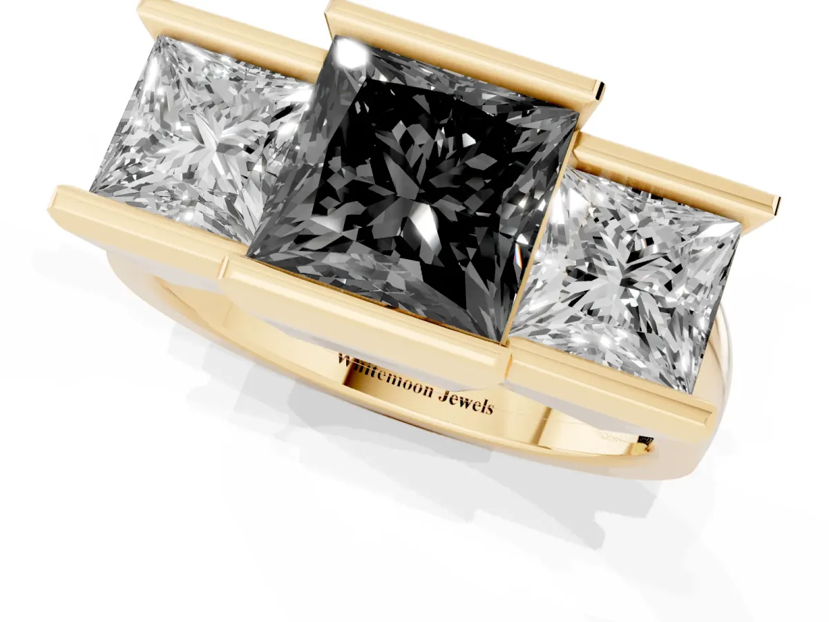 Fancy Black Three Stone Princess Cut Cut Channel Set Diamond Ring Yellow gold