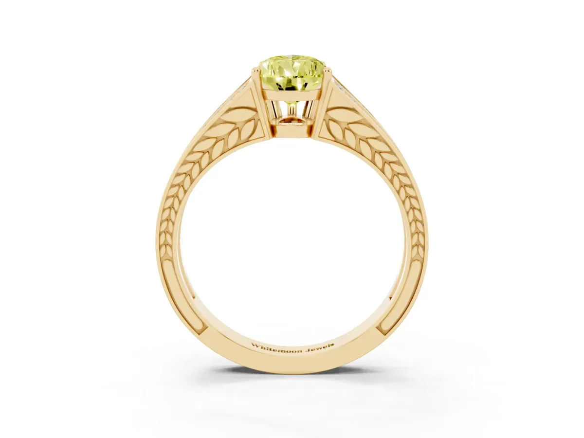 Fancy Yellow Pear Cut Diamond Split Shank Ring with Pavé Band and Four-Prong Setting Yellow gold