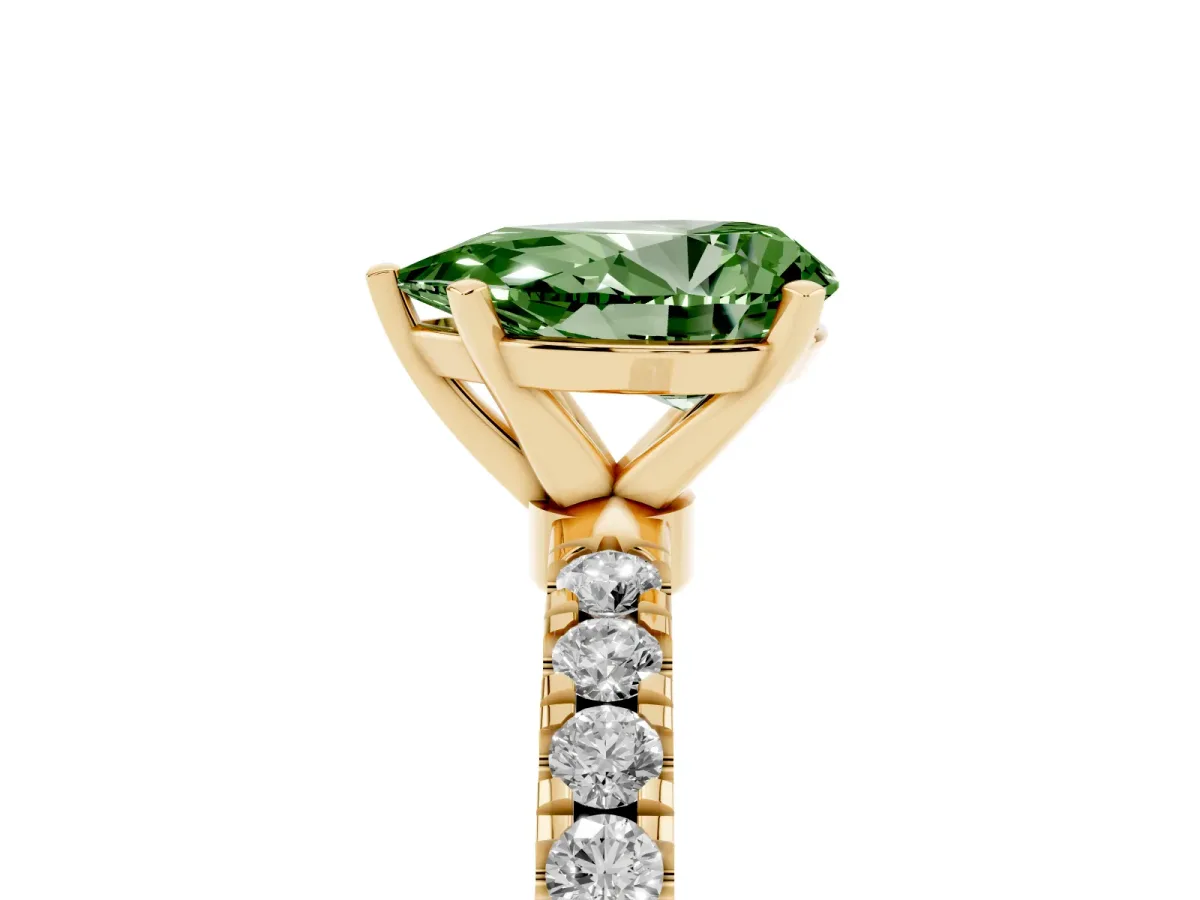 Fancy Green Pear Cut Diamond Solitaire Ring with Pavé Accents and Four-Prong Setting Yellow gold