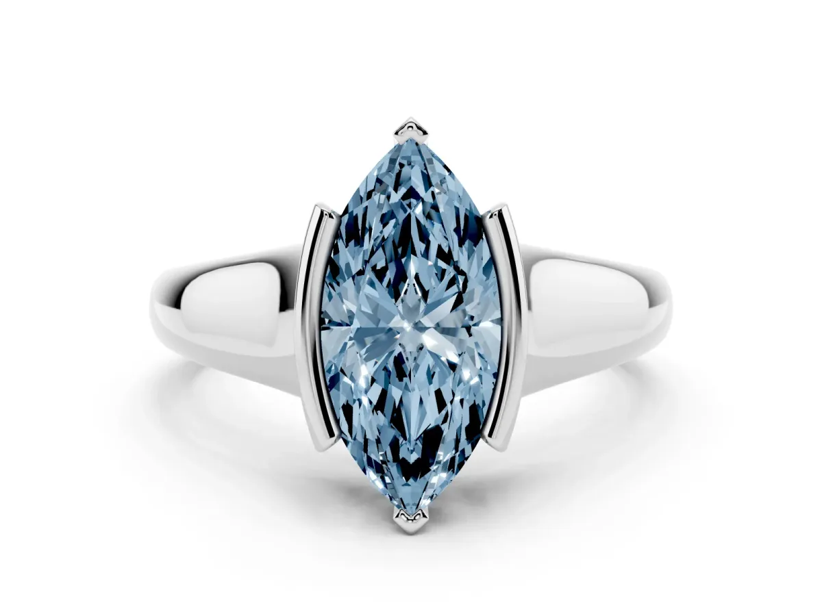 Fancy Blue Marquise Cut Solitaire Tension Set Diamond Ring with Split Shank Band Platinum