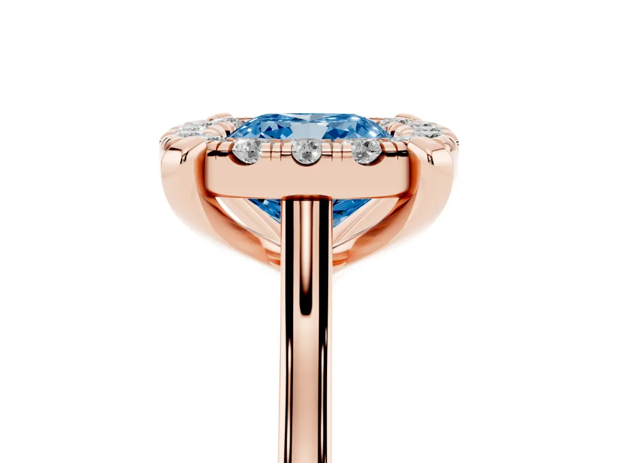 Fancy Blue Cushion Cut Diamond Cluster Halo Solitaire with Four-Prong Setting Rose gold