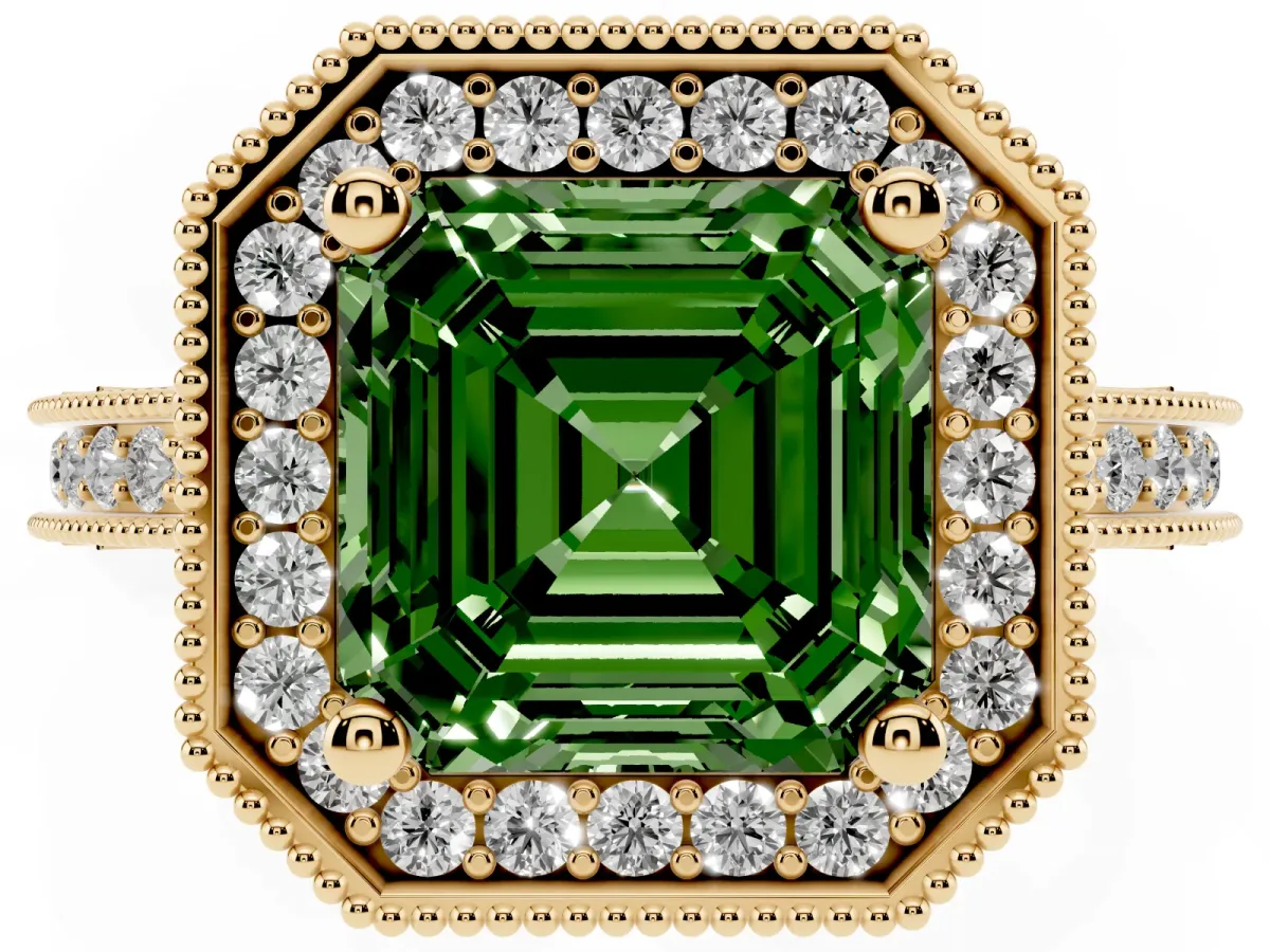 Fancy Green Asscher Cut Diamond Milgrain Halo Engagement Ring with Round Pavé Band and Prong Setting Yellow gold