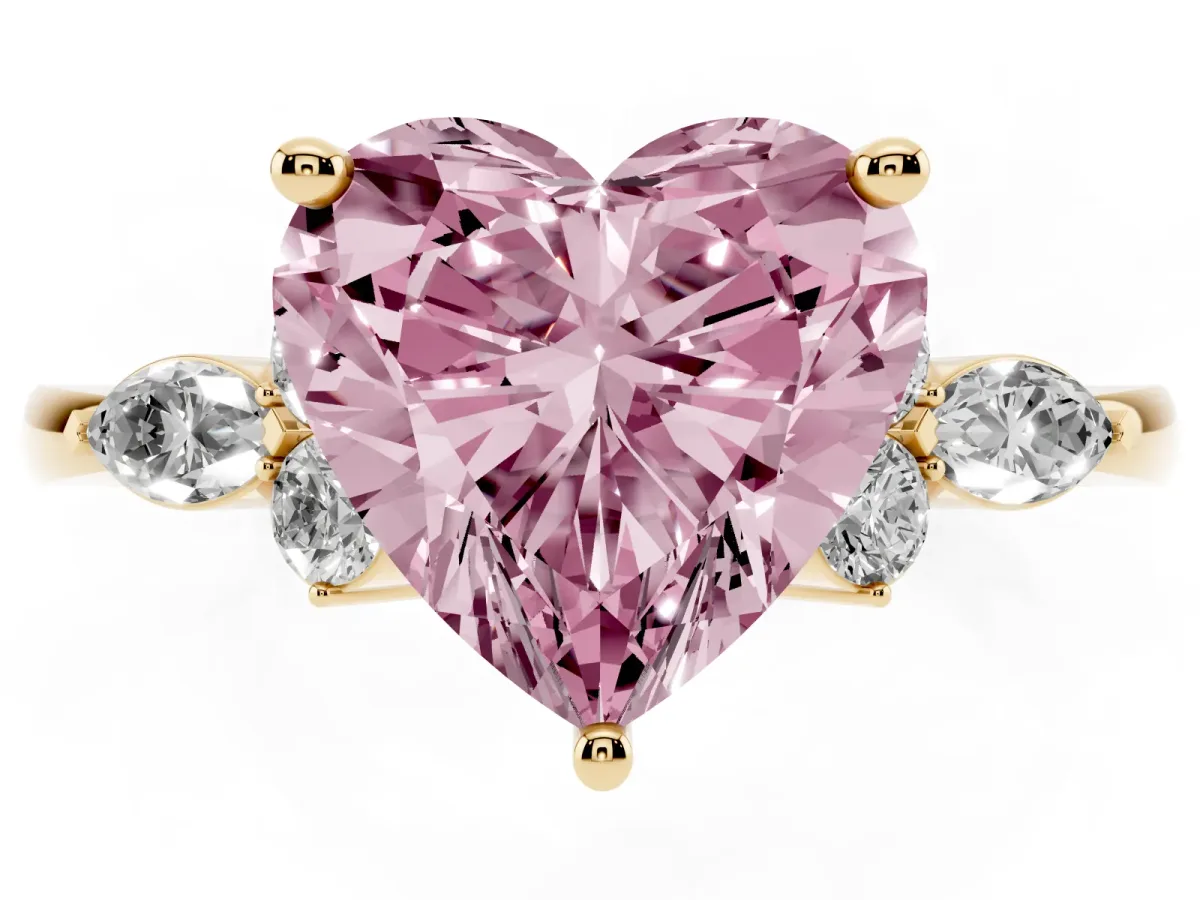 Fancy Pink Heart Cut Brilliant Diamond Solitaire Ring with Pear Side Stones and Four-Prong Setting Yellow gold