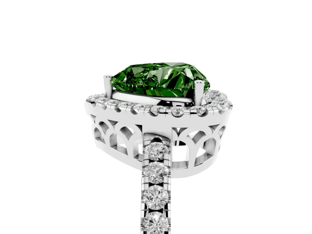 Fancy Green Heart Cut Halo Diamond Engagement Ring with Pavé Band and Four-Prong Setting Platinum