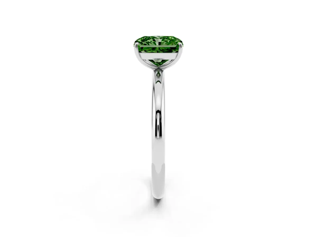 Fancy Green Radiant Cut Solitaire Diamond Ring with Four-Prong Setting on a Plain Band Platinum