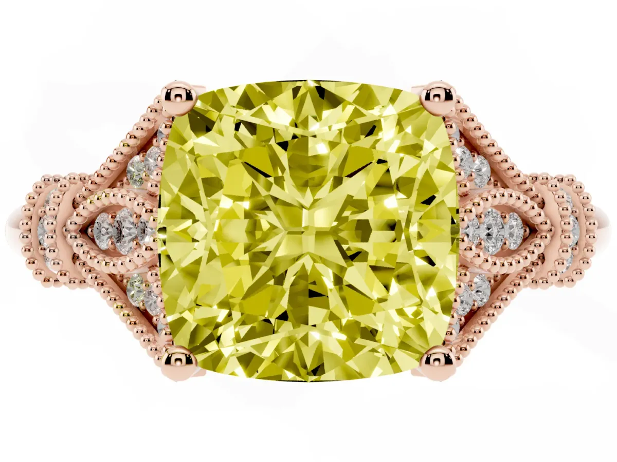 Fancy Yellow Cushion Cut Diamond Solitaire Ring with Floral Filigree and Pave Accents Rose gold