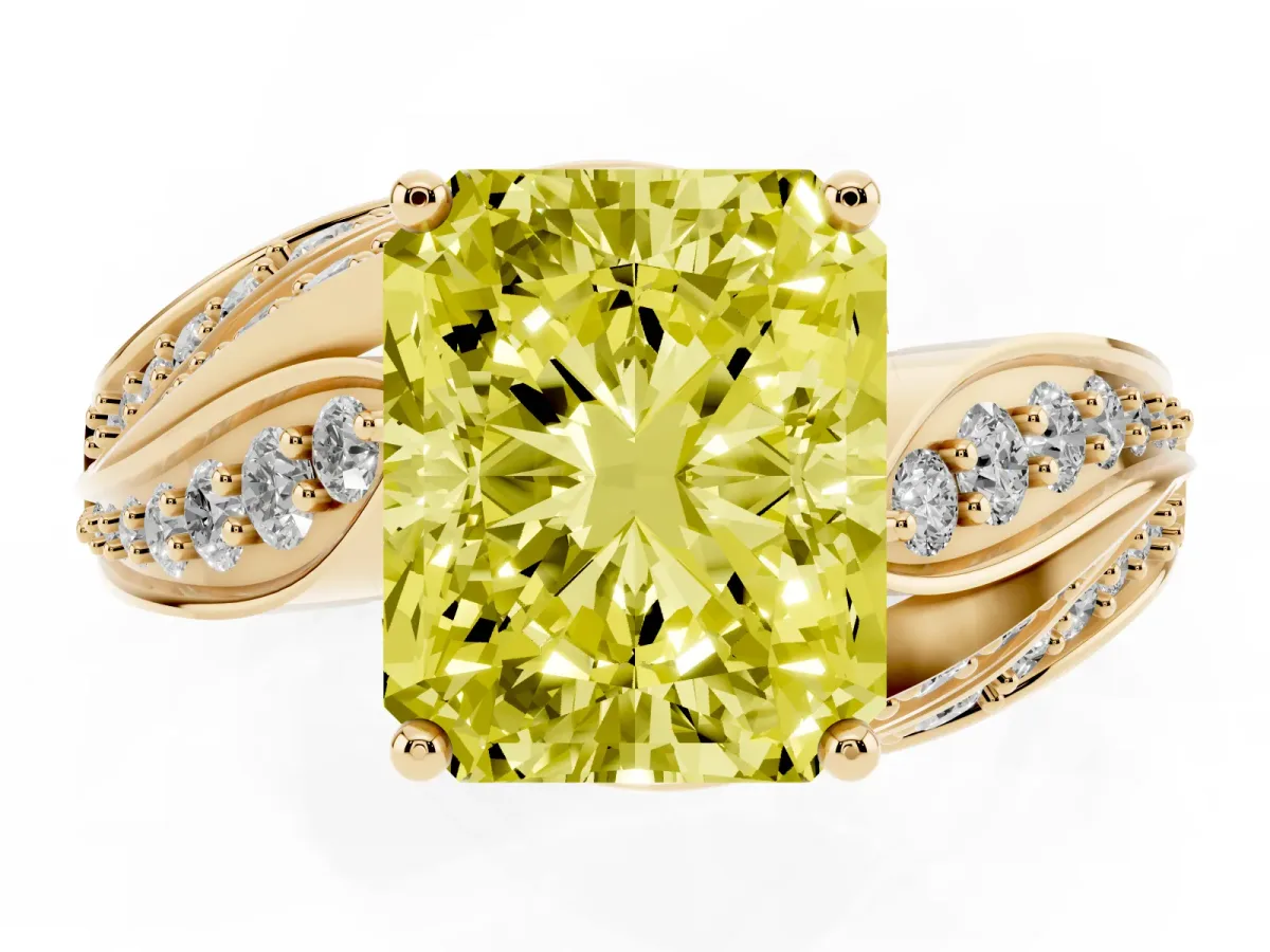 Fancy Yellow Radiant Cut Diamond Solitaire Ring with Prong Setting and Twisted Pavé Band Yellow gold