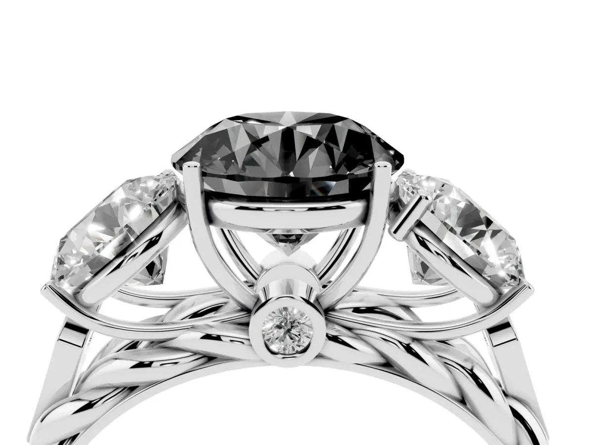 Fancy Black Three-Stone Round Cut Diamond Braided Band Ring with Four-Prong Setting Platinum