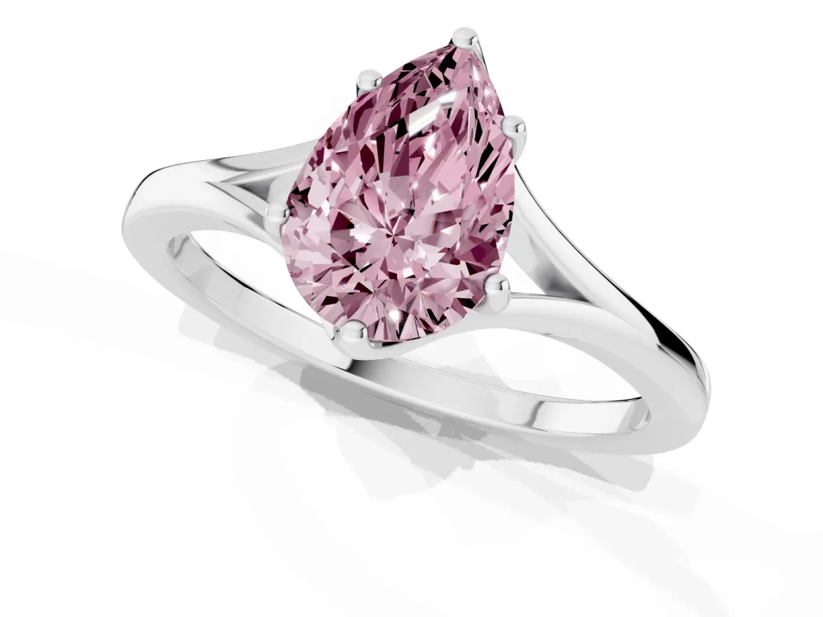 Fancy Pink Pear Cut Solitaire Diamond Ring with Six-Prong Setting and Tapered Band Silver