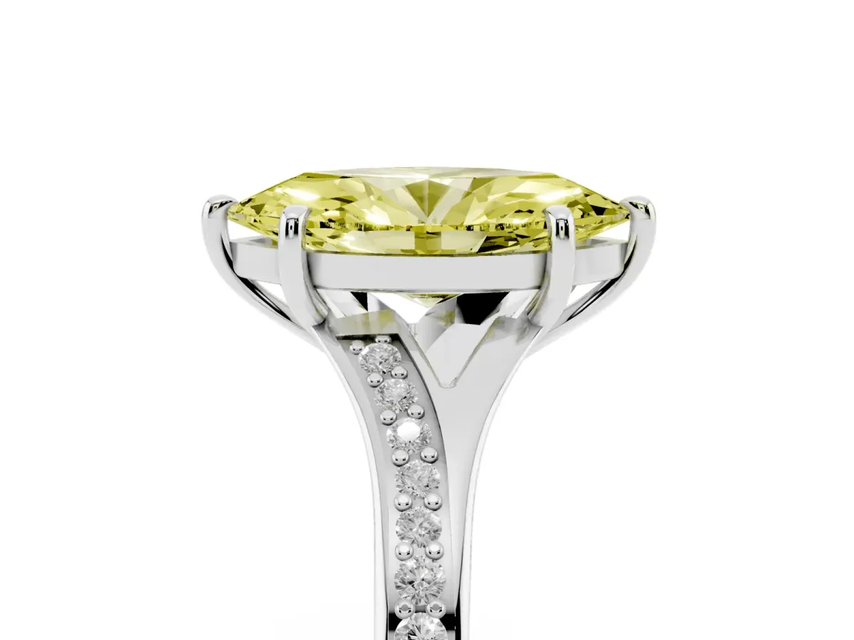 Fancy Yellow Marquise Cut Diamond Solitaire Ring with Pavé Band and Prong Setting Silver
