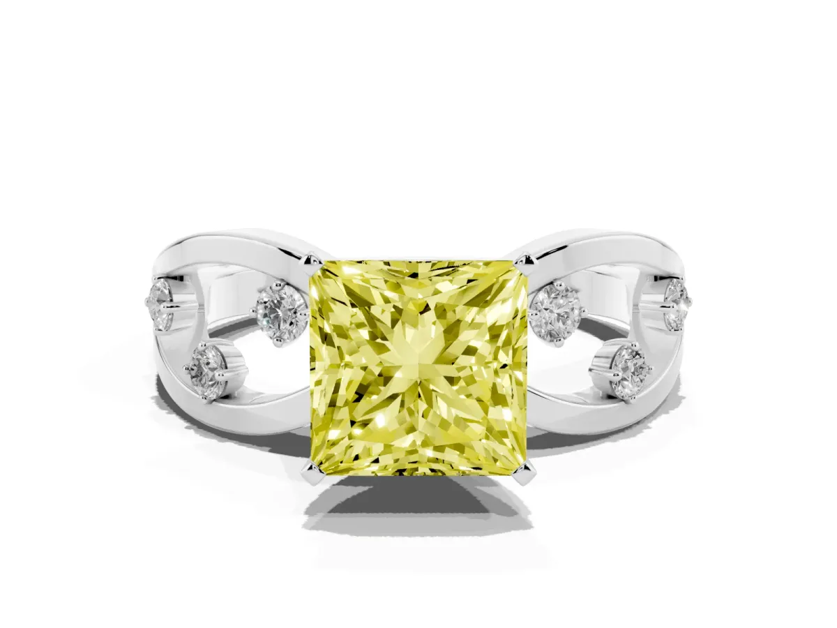 Fancy Yellow Princess Cut Cut Solitaire Diamond with Side Stones on Criss-Cross Band and Four-Prong Setting Silver