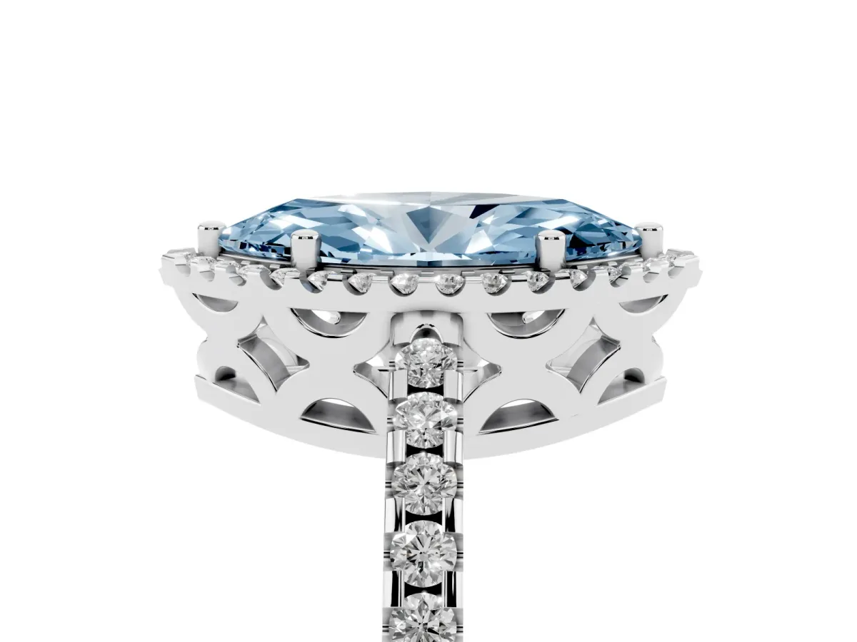 Fancy Blue Marquise Cut Diamond Halo Engagement Ring with Pavé Band and Prong Setting Platinum