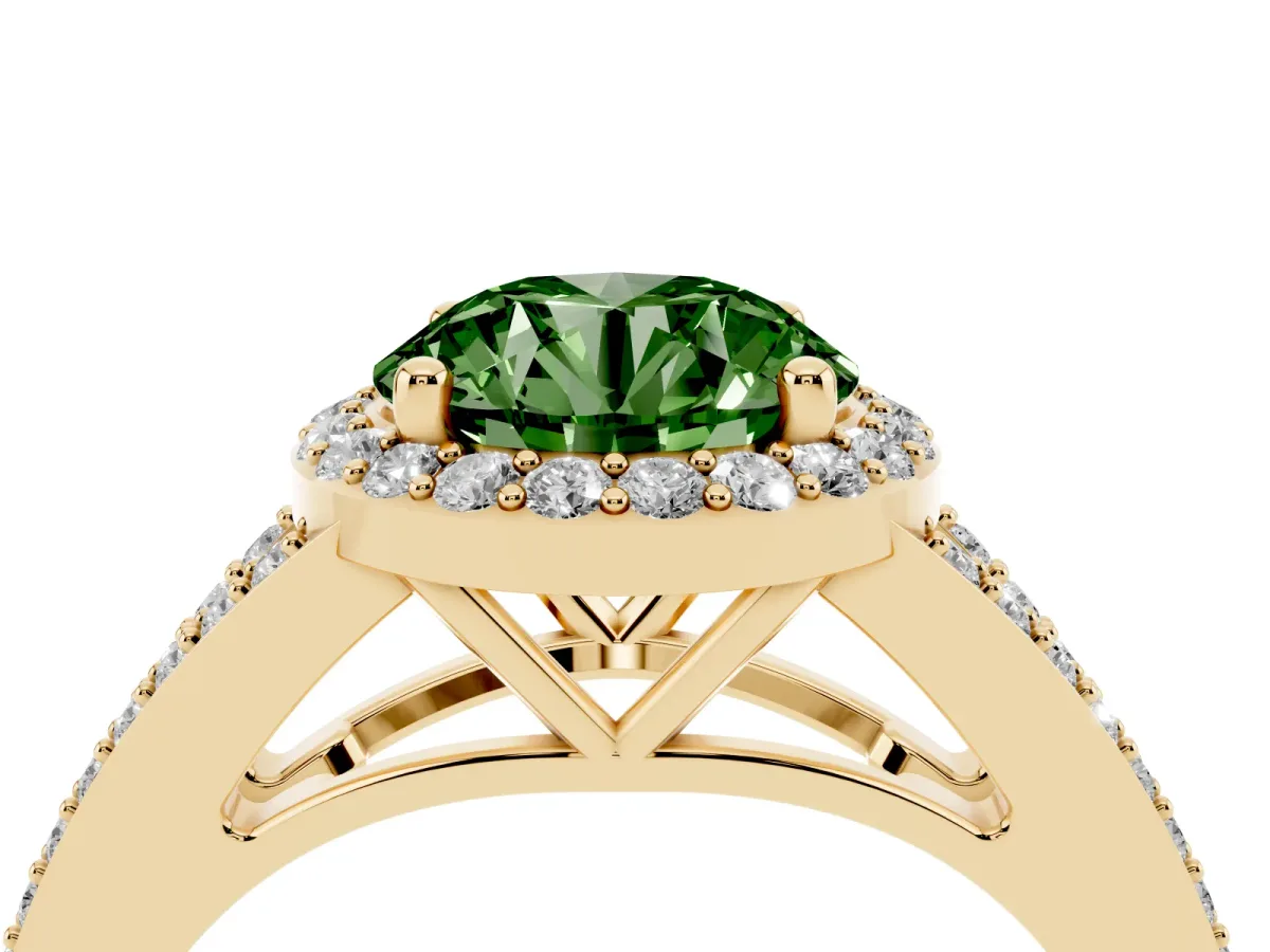 Fancy Green Round Cut Halo Split Shank Pave Diamond Ring with Four-Prong Setting Yellow gold