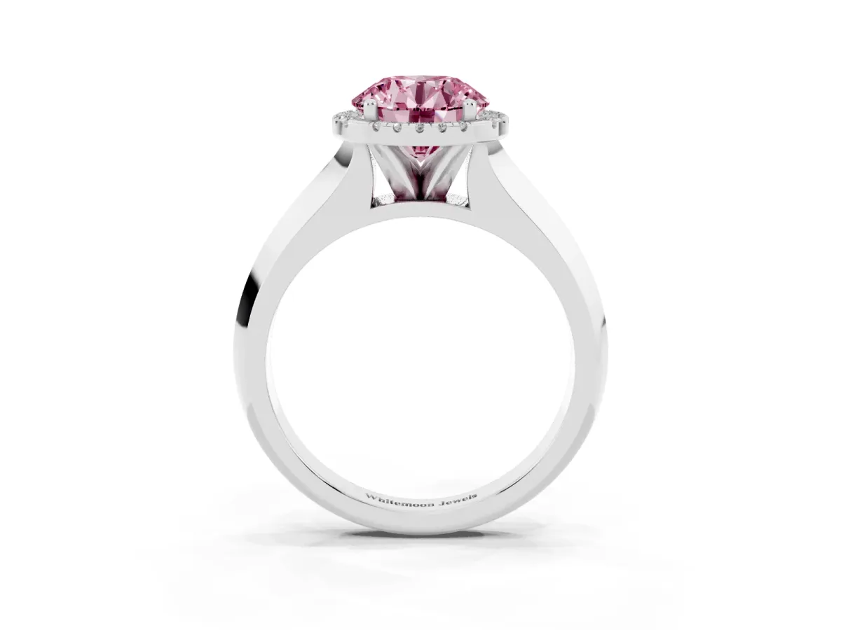 Fancy Pink Round Cut Halo Diamond Ring with Cathedral Band and Four-Prong Setting White gold