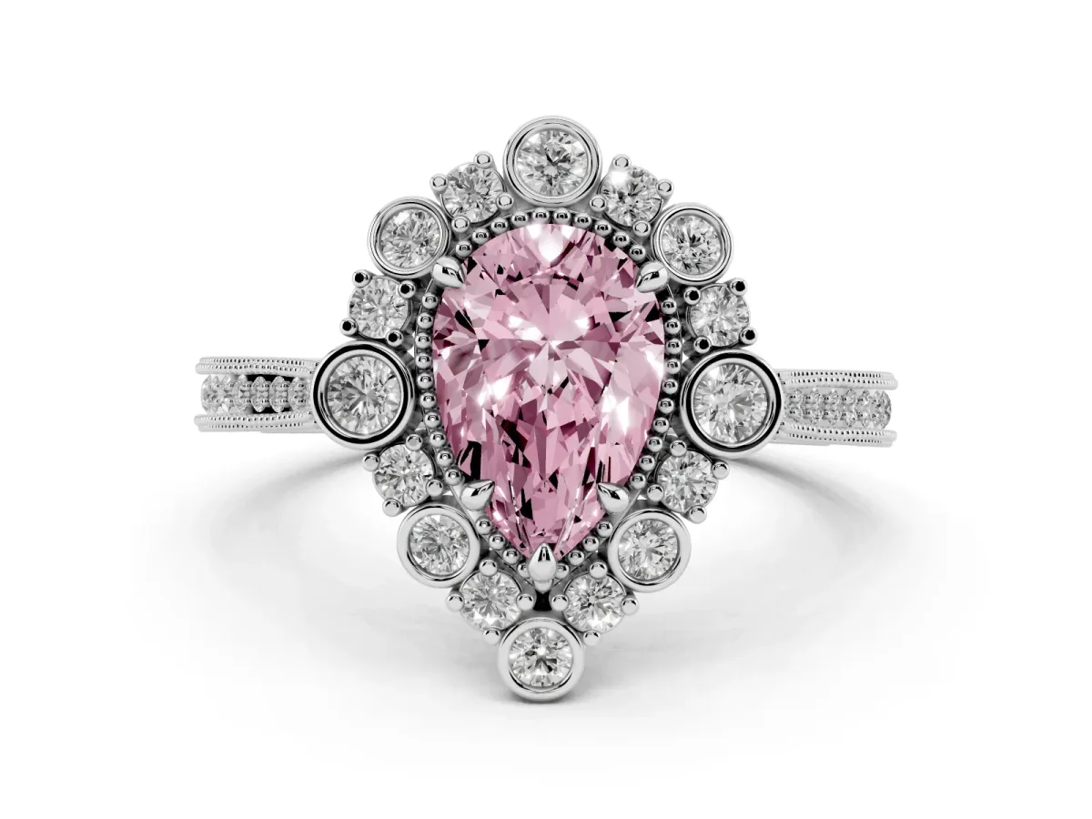 Fancy Pink Pear Cut Halo Milgrain Pave Diamond Ring with Four-Prong Setting Silver