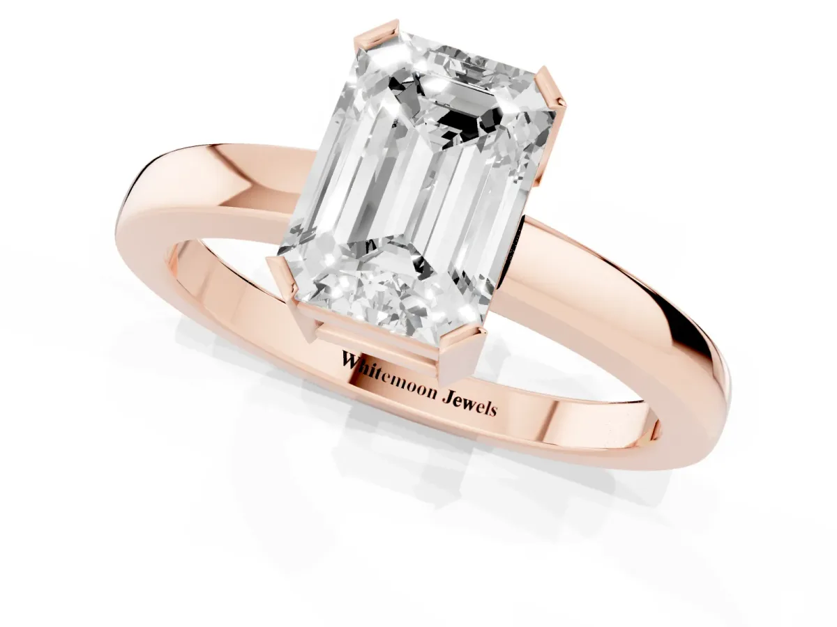 Emerald Cut Cut Solitaire Ring with Four-Prong Setting and Classic Band Rose gold