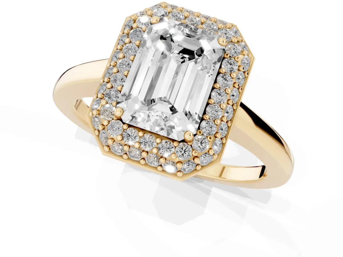 Emerald Cut Halo Diamond Engagement Ring with Solitaire Band and Four-Prong Setting Yellow gold