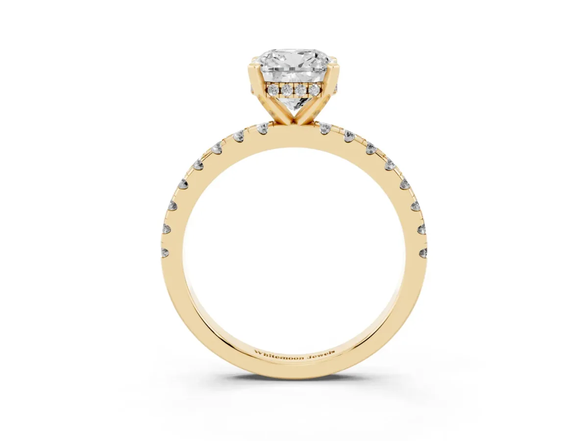 Cushion Cut Diamond Solitaire Ring with Round Pavé Band and Four-Prong Setting Yellow gold