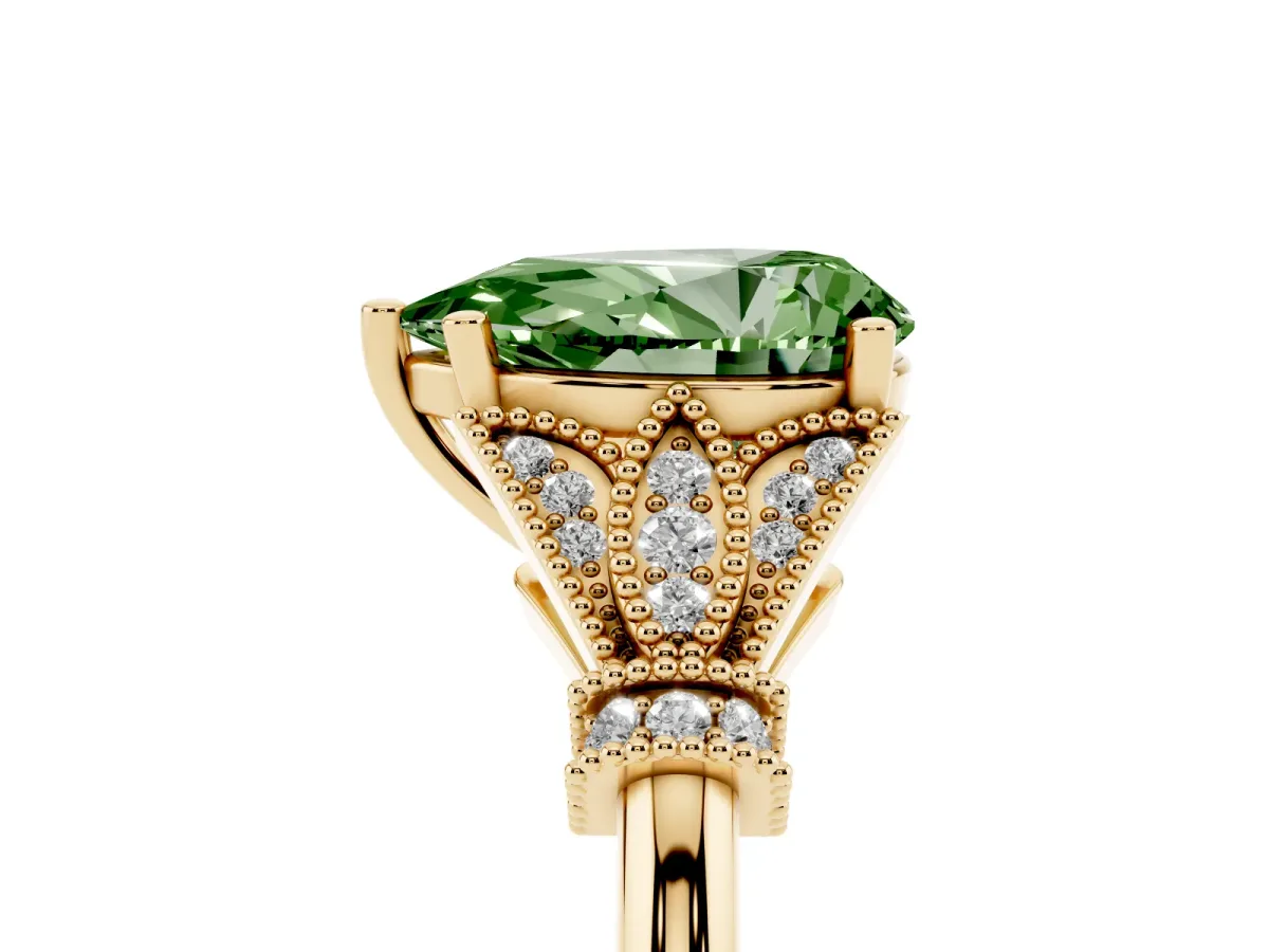 Fancy Green Pear Cut Diamond Solitaire Ring with Floral Filigree and Pave Accents Yellow gold