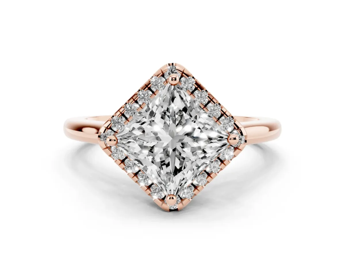 Princess Cut Halo Round Diamond Solitaire Engagement Ring with Pave Band and Four-Prong Setting Rose gold
