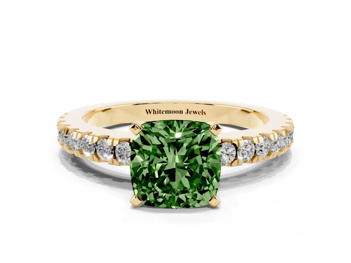 Fancy Green Cushion Cut Solitaire Diamond with Pavé Band and Four-Prong Setting Yellow gold