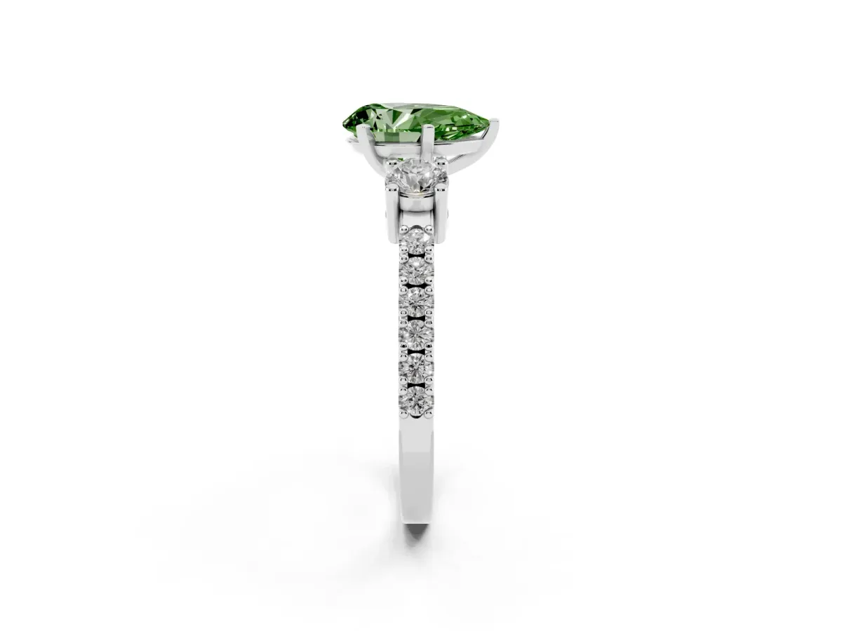Fancy Green Pear Cut Three-Stone Diamond Pavé Band with Prong Setting Silver