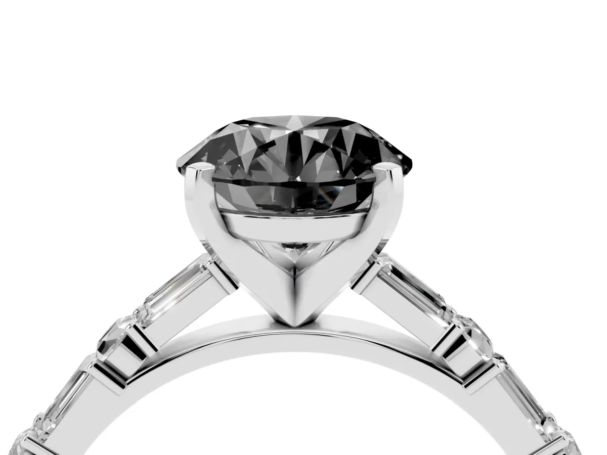 Fancy Black Round Cut Diamond Solitaire with Side Baguettes and Channel Set Band White gold