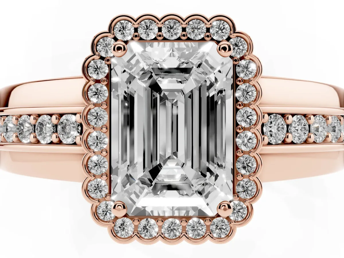 Emerald Cut Cut Halo Pave Band Four-Prong Ring Rose gold