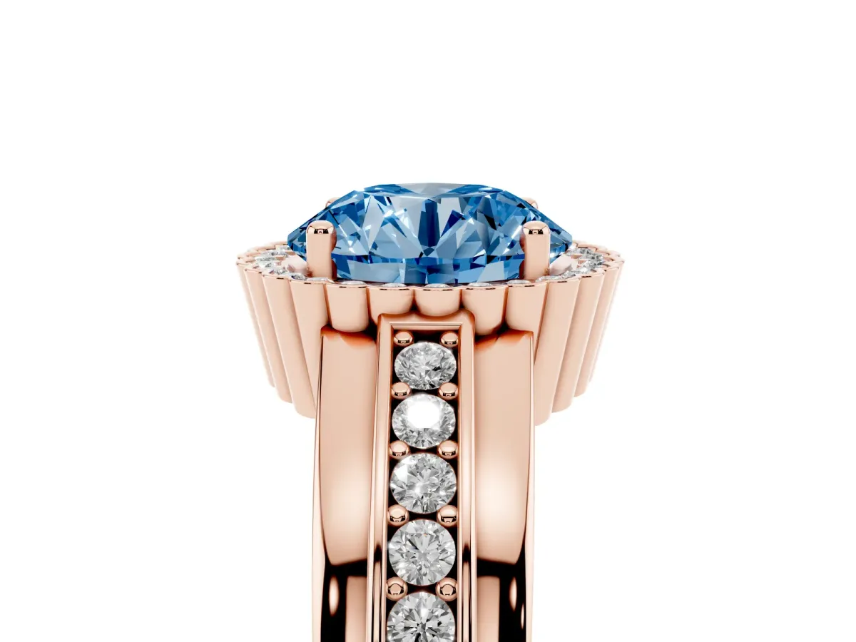Fancy Blue Round Cut Cut Halo Pave Band Four-Prong Ring Rose gold