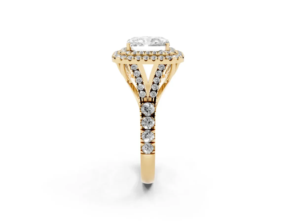 Radiant Cut Cut Double Halo Split Shank Diamond Ring with Prong Setting Yellow gold