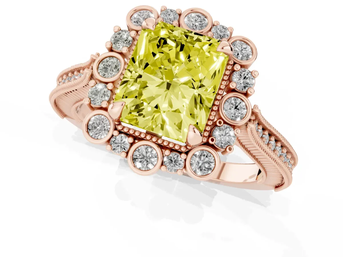 Fancy Yellow Radiant Cut Halo Milgrain Pave Diamond Ring with Four-Prong Setting Rose gold