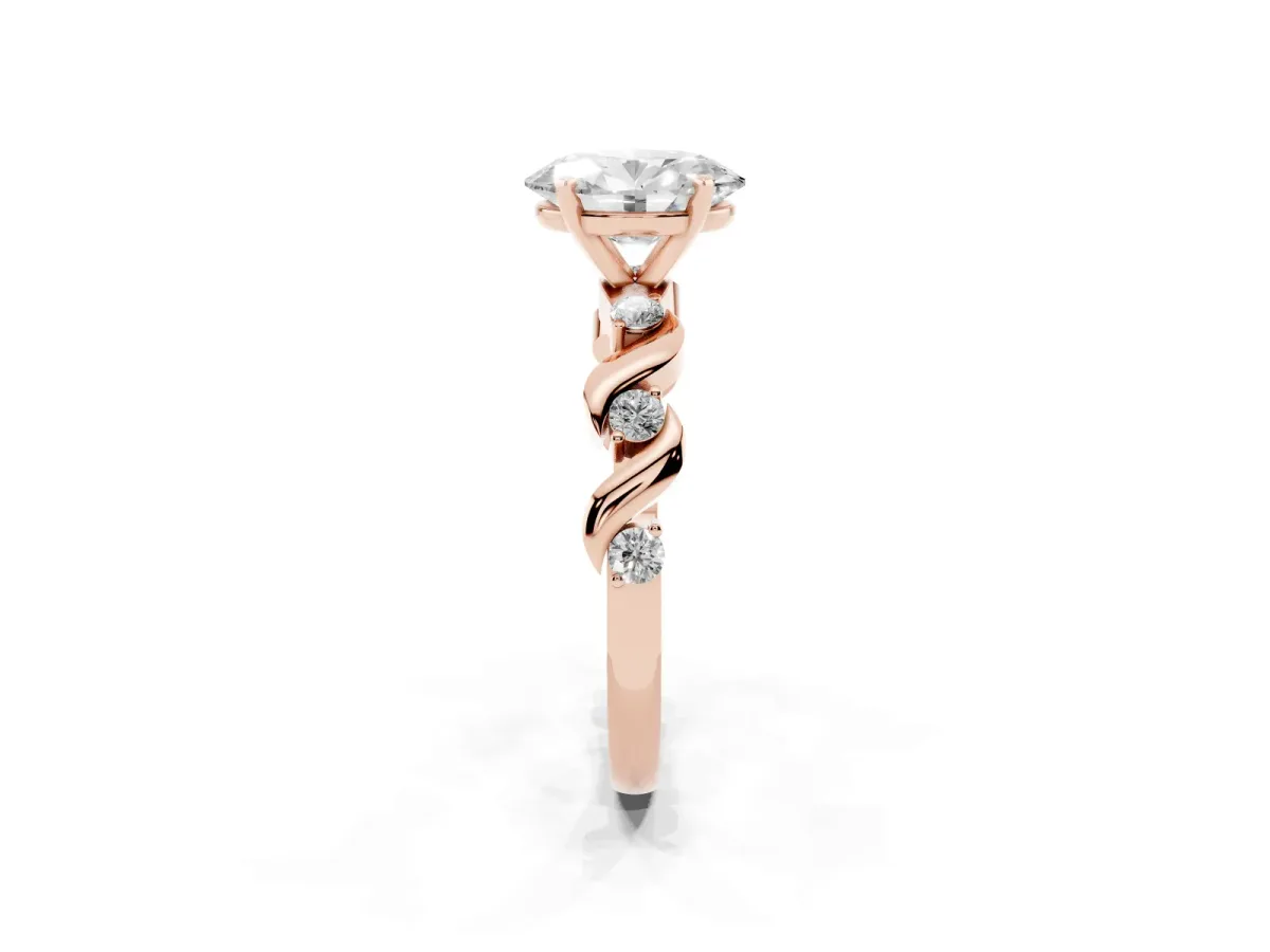 Oval Cut Diamond Solitaire Twisted Band with Round Accents and Prong Setting Rose gold