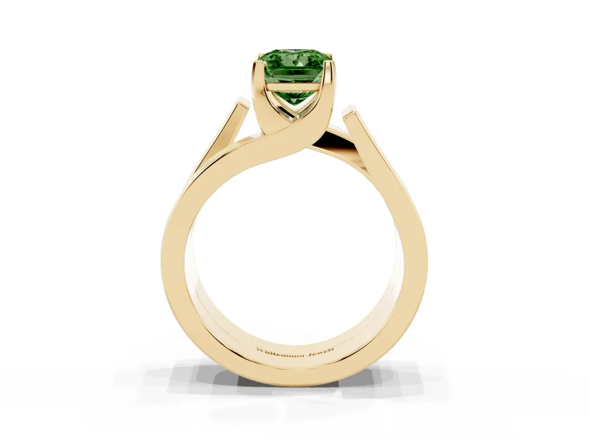 Fancy Green Modern Tension Set Radiant Cut Diamond Solitaire Wide Band Ring Yellow gold