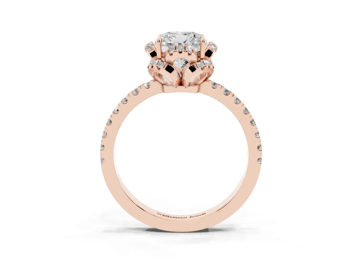 Cushion Cut Halo Diamond Pave Band Ring with Four-Prong Setting Rose gold