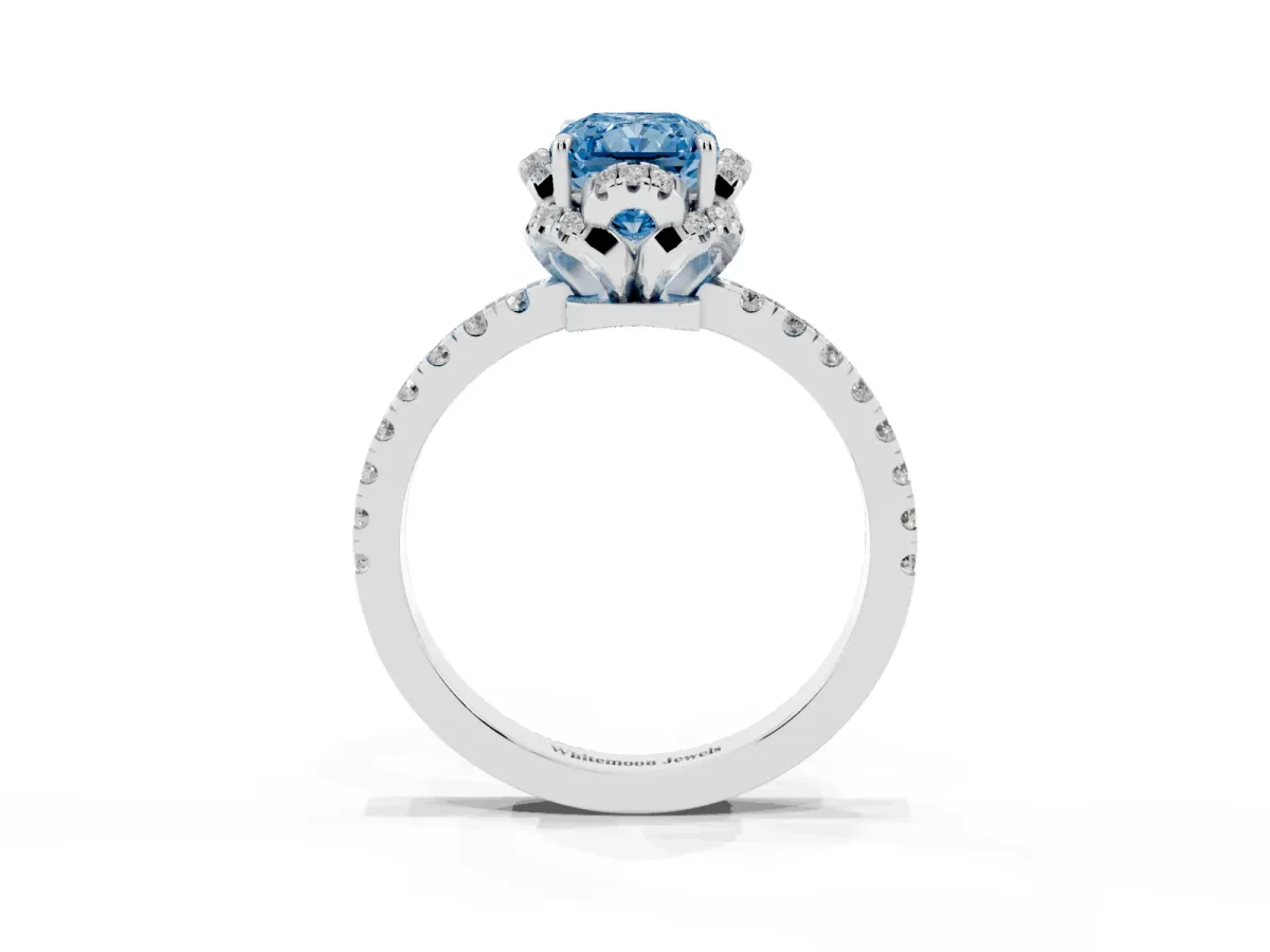 Fancy Blue Radiant Cut Halo Diamond Pave Band Ring with Four-Prong Setting Silver