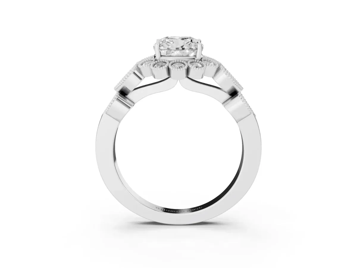Cushion Cut Brilliant Milgrain Pave Heart Band Solitaire Ring Silver