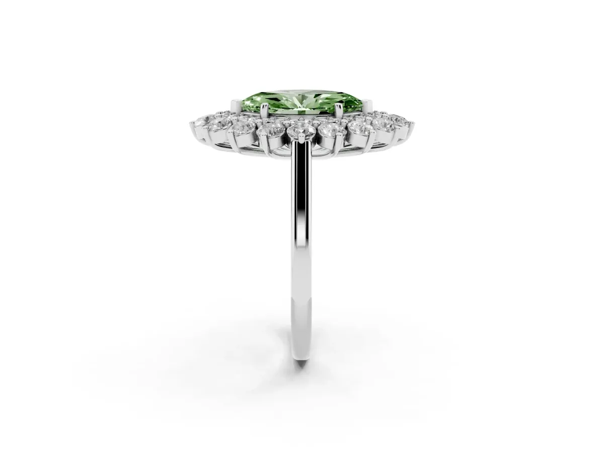 Fancy Green Marquise Cut Diamond Floral Double Halo Engagement Ring with Prong Setting Platinum