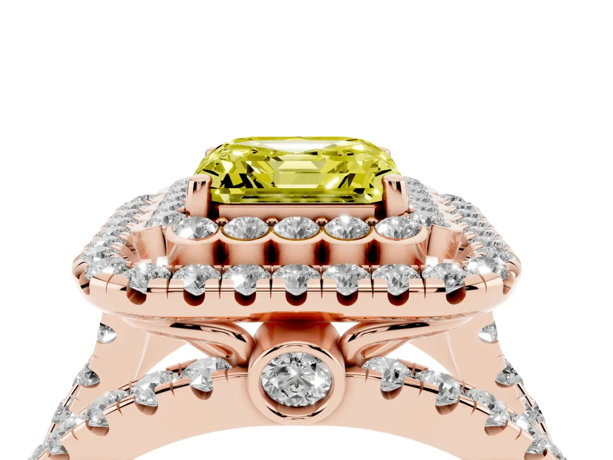 Fancy Yellow Asscher Cut Diamond Double Halo Ring with Round Pavé Split Shank and Prong Setting Rose gold