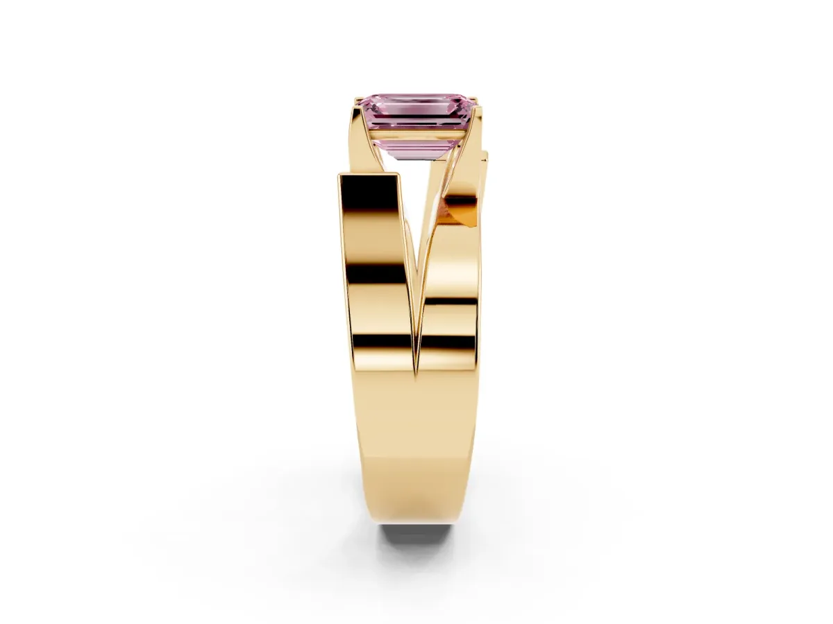 Fancy Pink Modern Tension Set Emerald Cut Diamond Solitaire Wide Band Ring Yellow gold