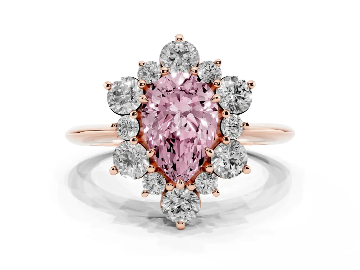 Fancy Pink Pear Cut Diamond Cluster Halo Ring with Solitaire Band and Four-Prong Setting Rose gold