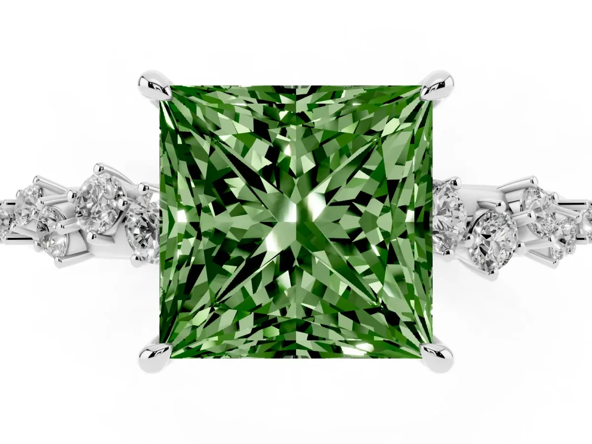 Fancy Green Princess Cut Diamond Cluster Side Stone Solitaire Ring with Prong Setting Platinum