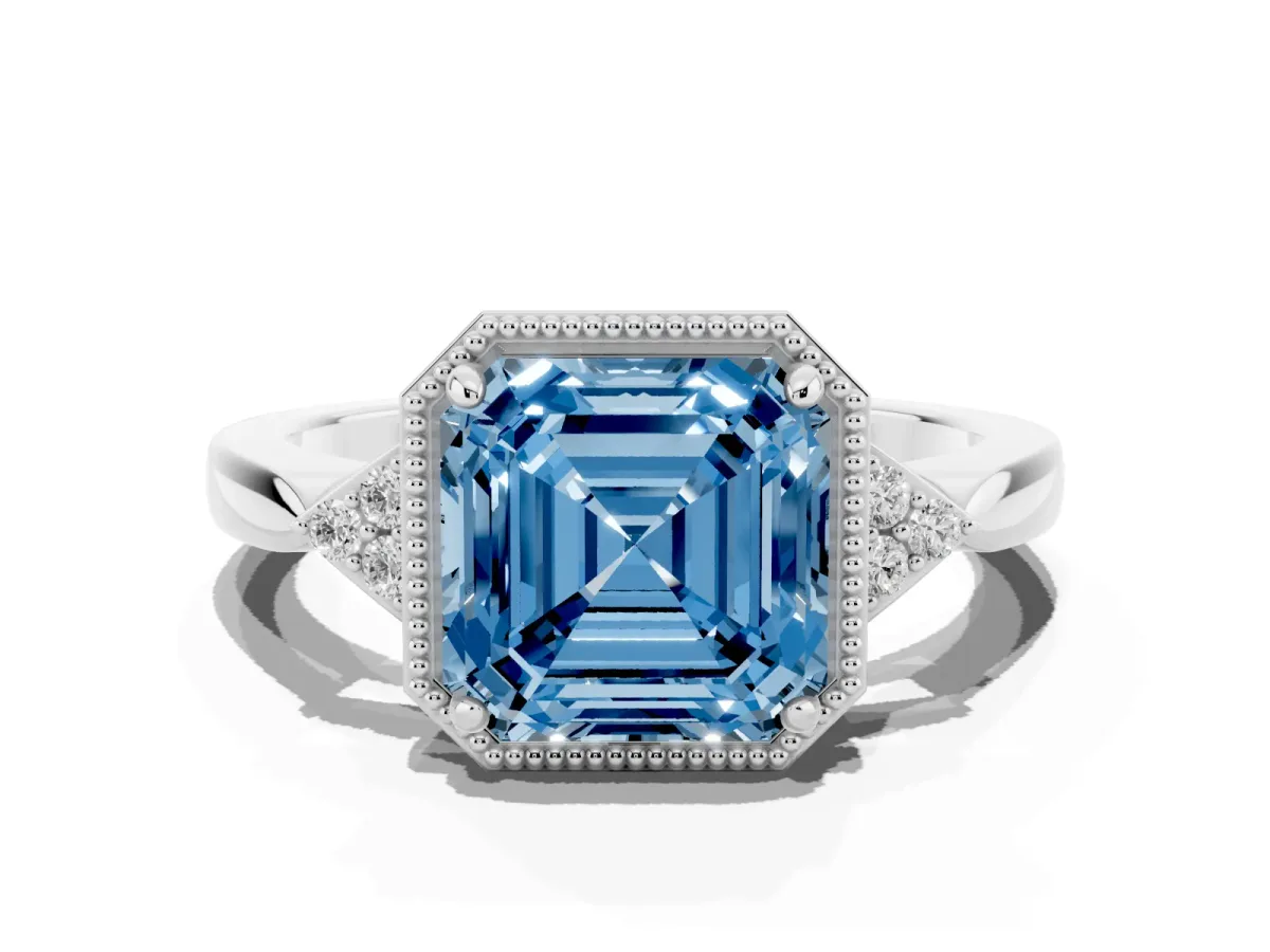 Fancy Blue Milgrain Asscher Cut Cut Diamond Ring with Tapered Pave Band and Four Prong Setting Silver