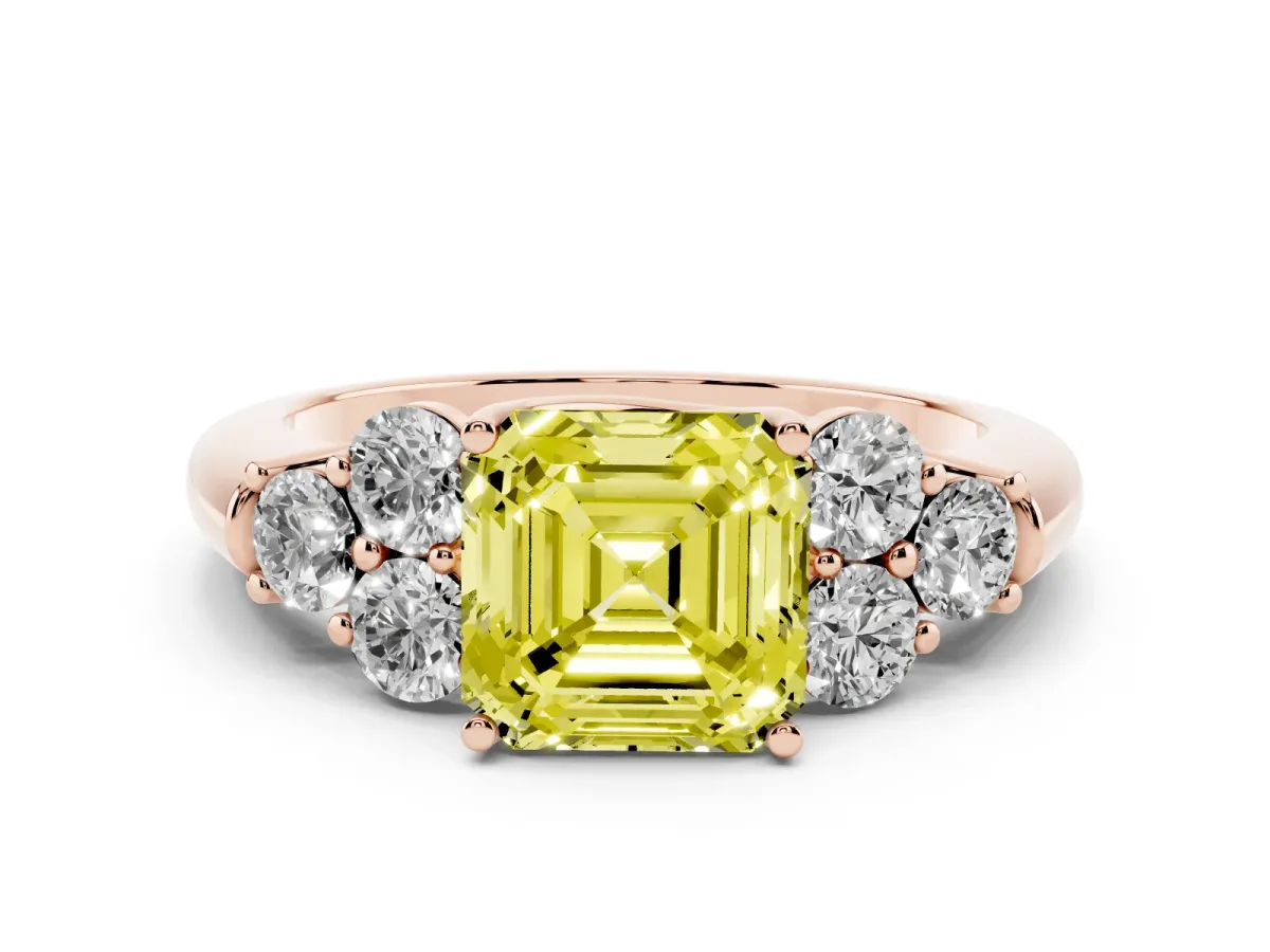 Fancy Yellow Asscher Cut Cut Diamond Cluster Ring with Round Accent Stones and Prong Setting on a Classic Band Rose gold