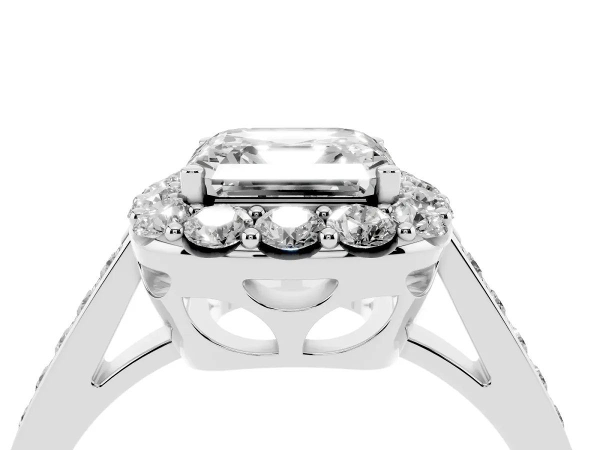 Asscher Cut Diamond Floral Halo Ring with Pavé Band and Prong Setting Platinum
