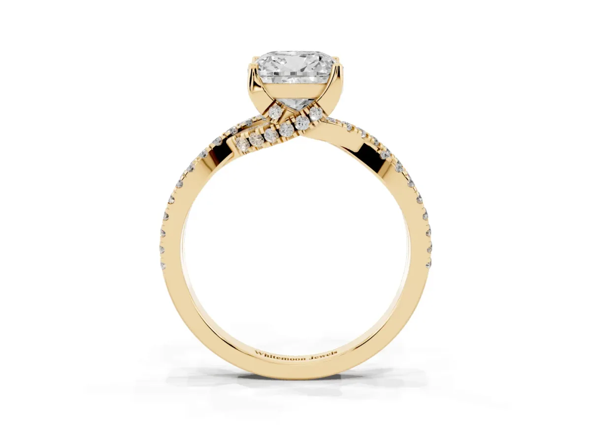 Cushion Cut Solitaire Twist Pave Diamond Engagement Ring with Prong Setting Yellow gold