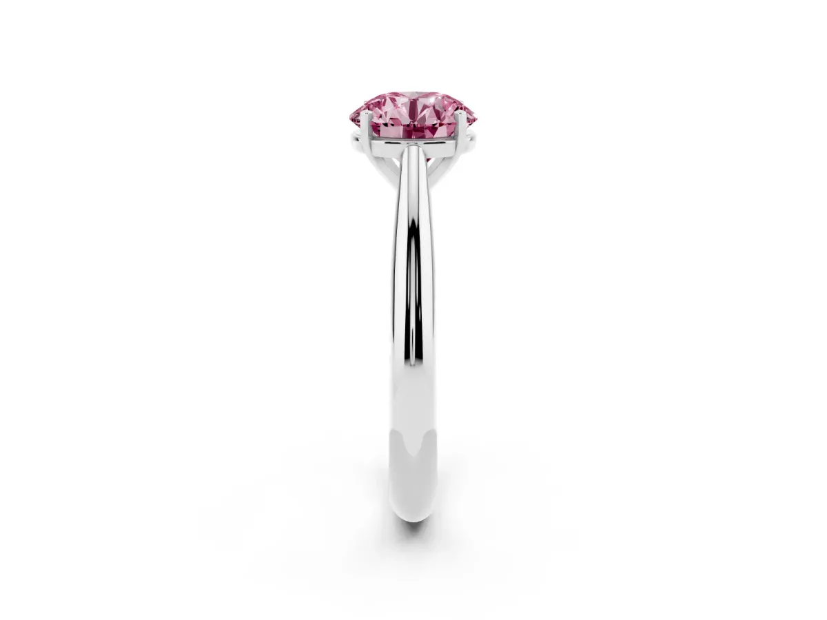 Fancy Pink Round Cut Diamond Solitaire Engagement Ring with Cathedral Setting and Four-Prong Mount Silver